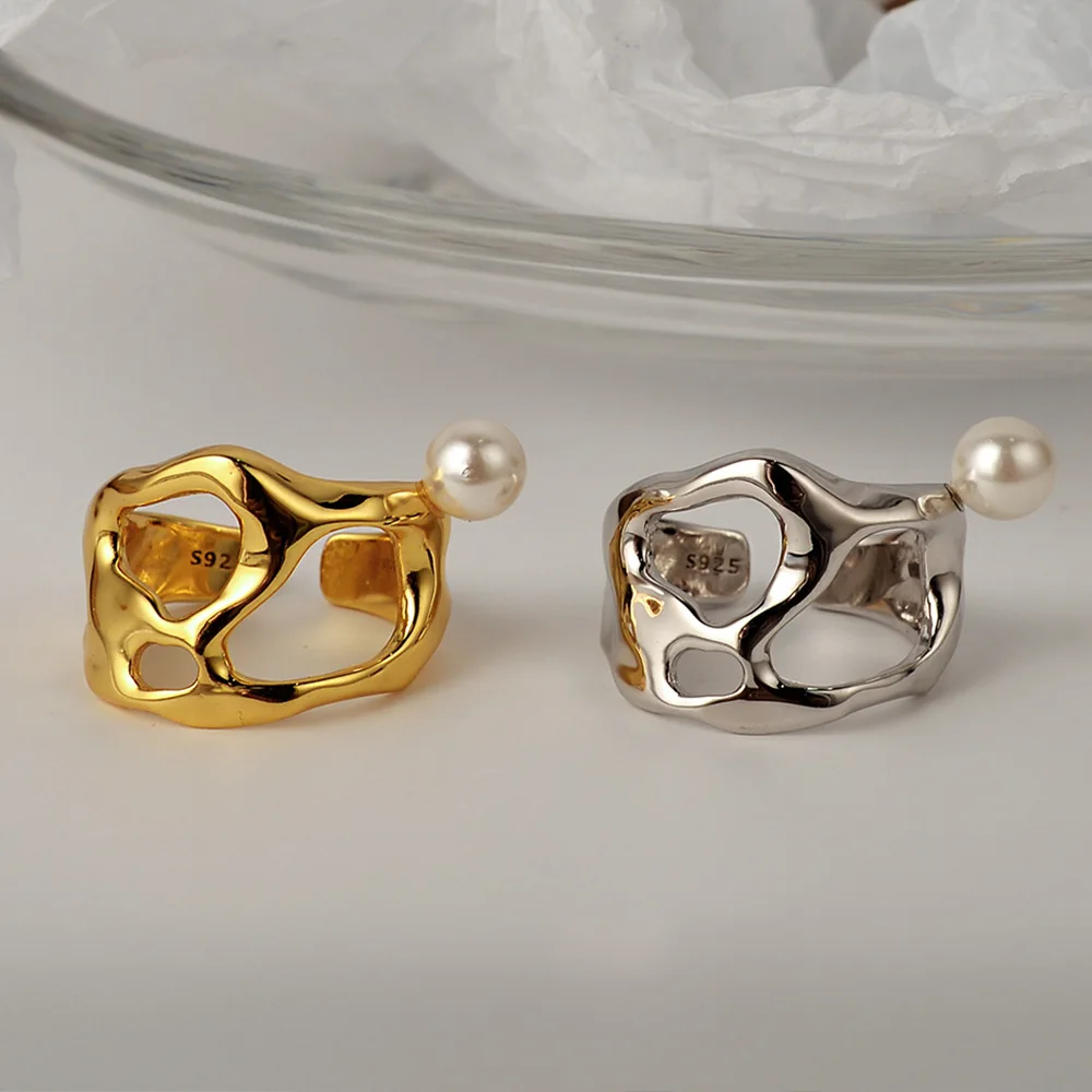

Youth of Vigor Impressionist Cutout 925 Sterling Silver Ring Mirror Finished Shell Pearl Minimalist Rings R1020