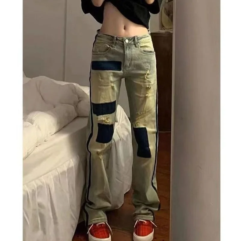 

Tide brand new retro washed old color matching hole straight jeans women's high street trend long pants tide ins