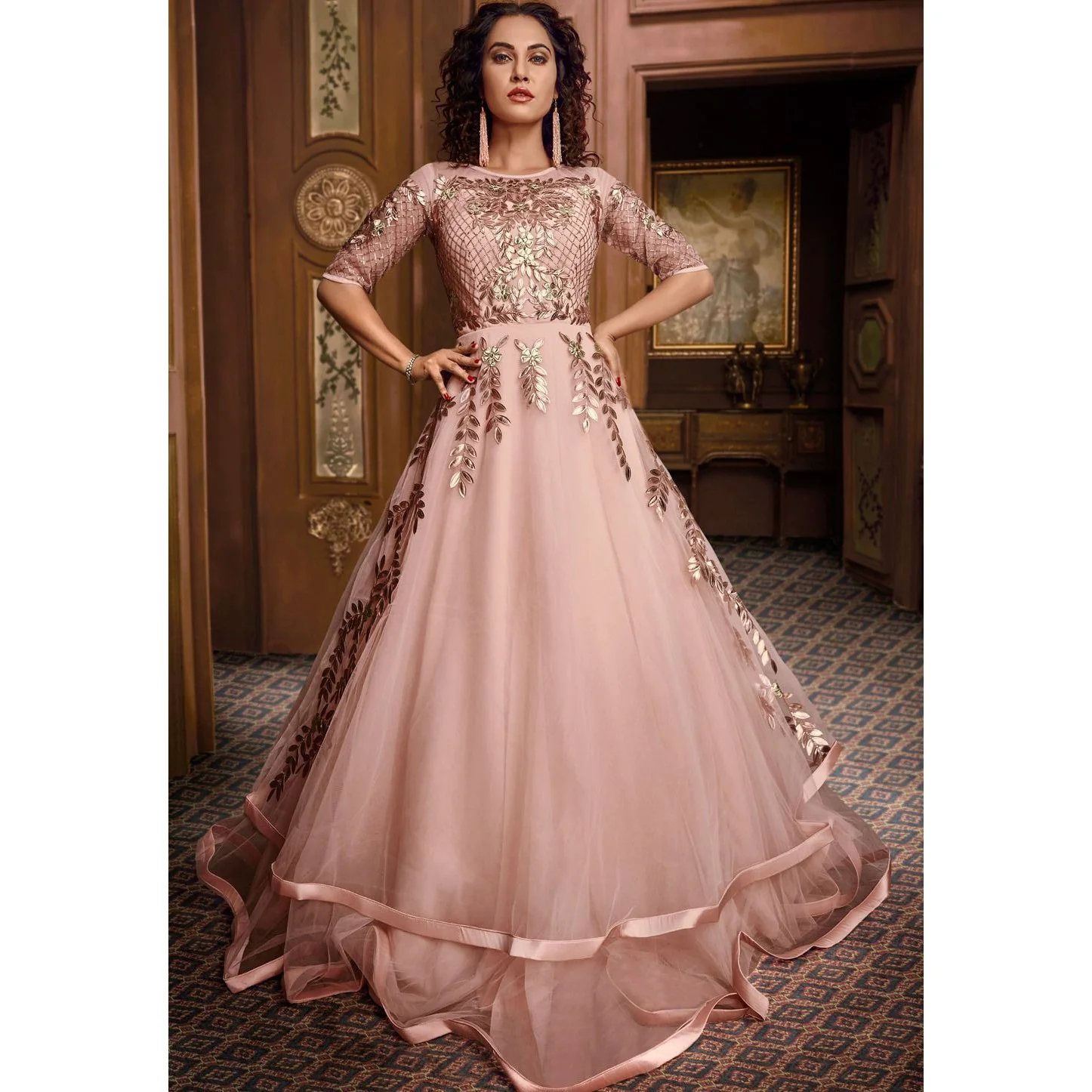 

Long Dress Evening Party Short Sleeve Floor Length Appliques O-Neck Formal Occasion Party Birthday Gown A-Line فساتين الحفلات