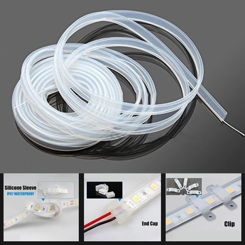 8/10/12Mm Led Transparent Silicone Tube Led Light Strip Accessory Ip67 Outdoor Waterproof Sleeve with End Cap Fixing Clip