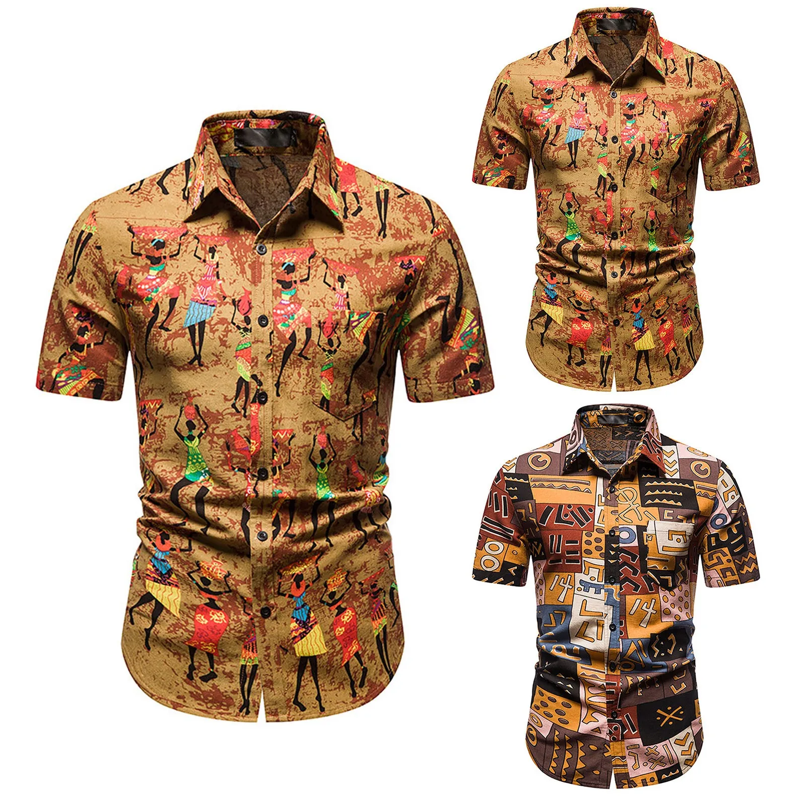 

Mens 3D Digital Printing Pocket Buckle Short Sleeve Shirt Lapel Baggy