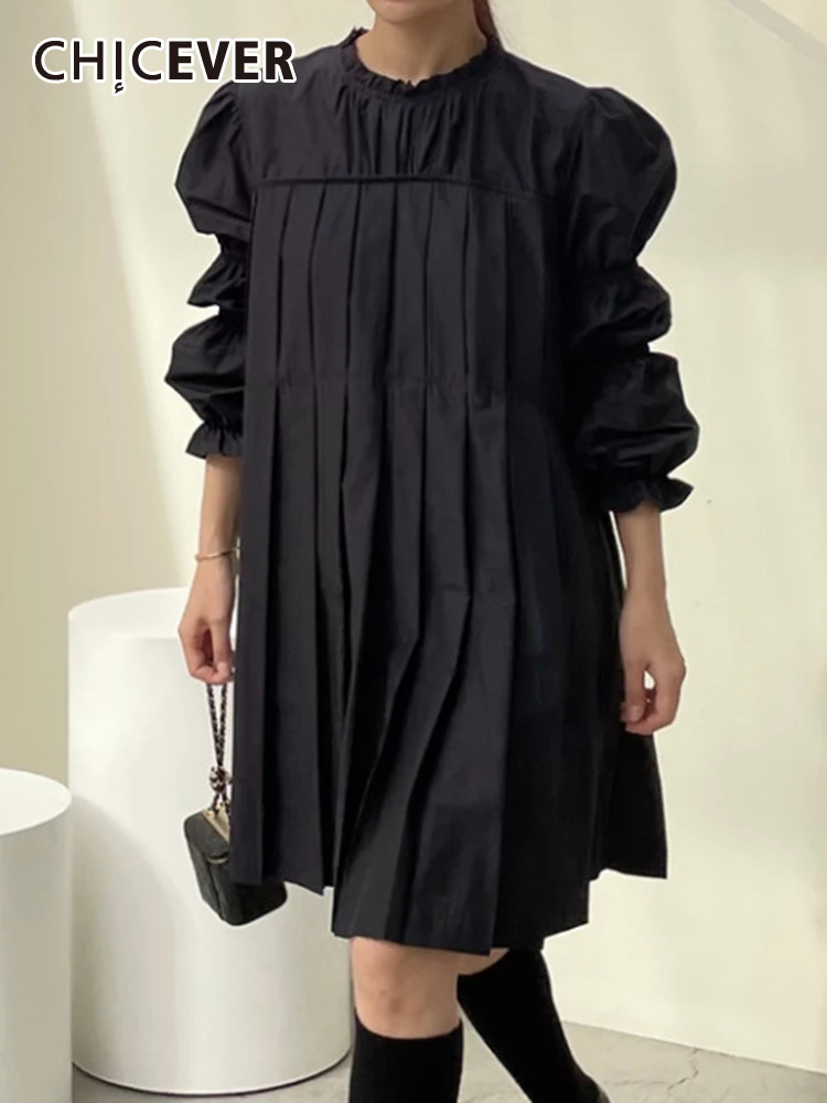 

CHICEVER Patchwork Pleated Solid Dresses For Women Round Neck Long Sleeve Casual Loose Mini Dress Female Summer Clothing 2023