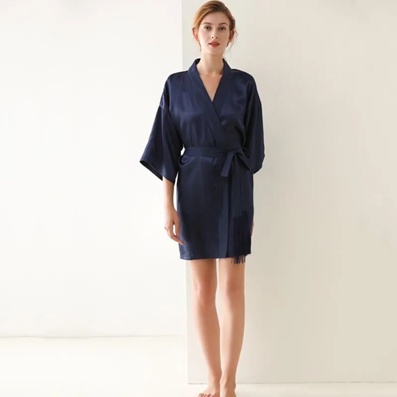 Women Navy Blue Bathrobe Bridesmaid Robe Solid Color Silk Satin Fashionable Night Robe Pyjama Sleepwear For Women Relax Pjs
