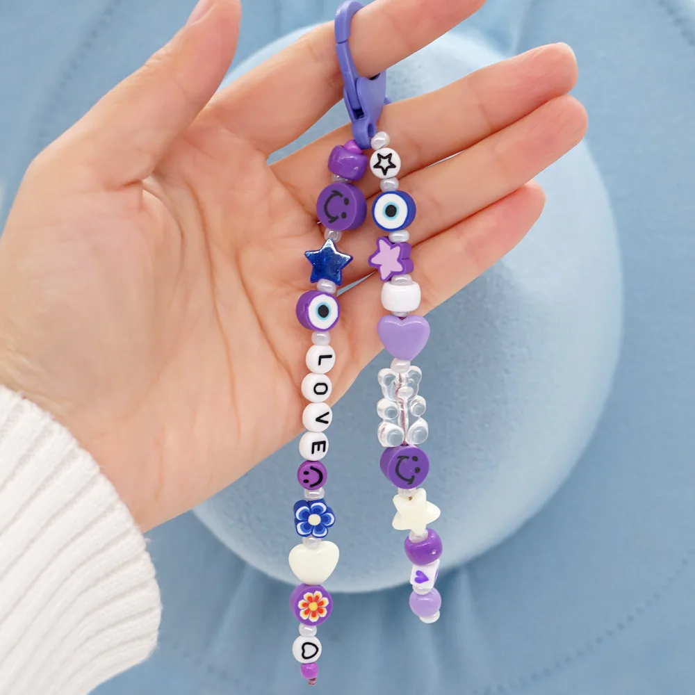 

Trendy Creative Love Letter Keychain For Women Purple Heart Smiley Beaded Key Chain Bag Car Keyring Pendant Accessories Jewelry