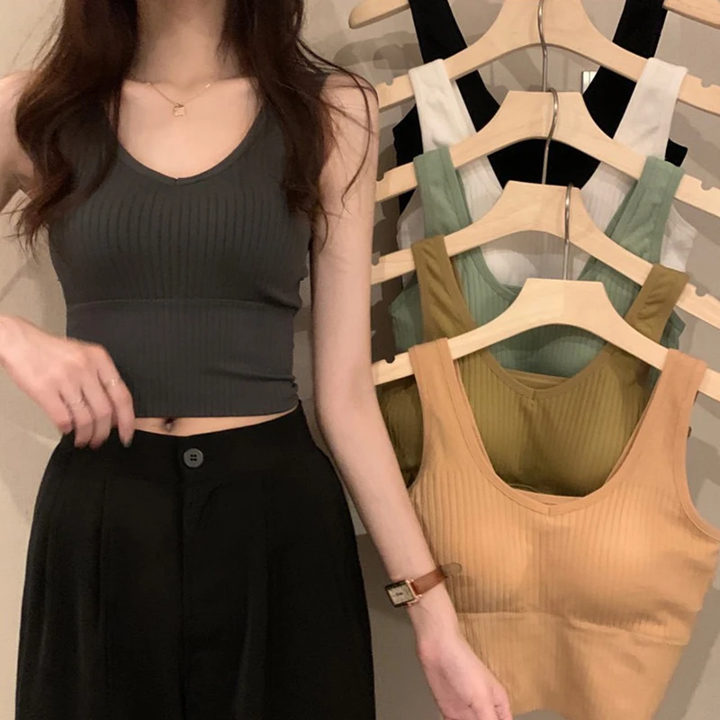 One-Piece Seamless Crop Top Women Underwear Wire-Free U-Shaped Camisole Wide Straps Striped Solid Bralette Lingerie Tube Tops