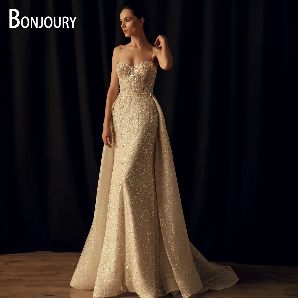 

BONJOURY Luxury Wedding Dresses Trumpet For Women 2023 Bride Detachable Train Lace Appliques Customised Vestido De Novia