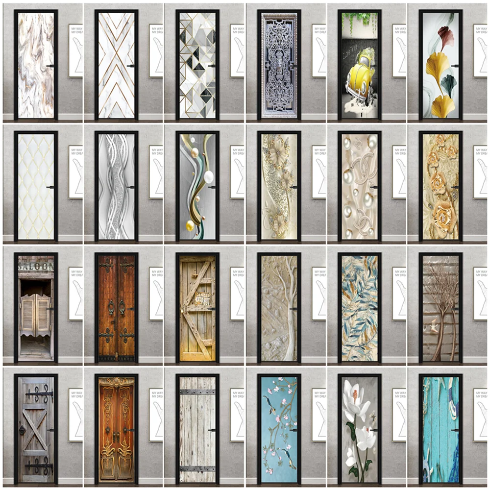 

3D Self-Adhesive Marble Retro Art Flower Door Sticker Corridor Bathroom Decoration Wall Decal Wooden Gate Door Poster Home Decor