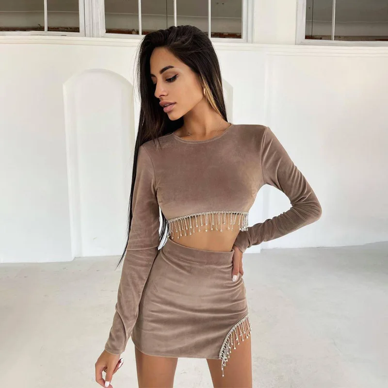 

Женский бархатный костюм из двух предметов, элегантный костюм с коротким топом с бахромой со стразами и юбкой с бахромой, асимметричный Вес...