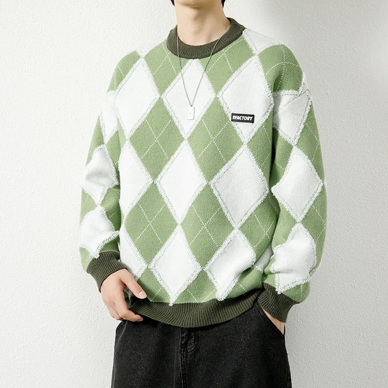 Diamond plaid round neck sweater for men  color contrast, retro casual loose knit sweater pullover, versatile sweater wholesale