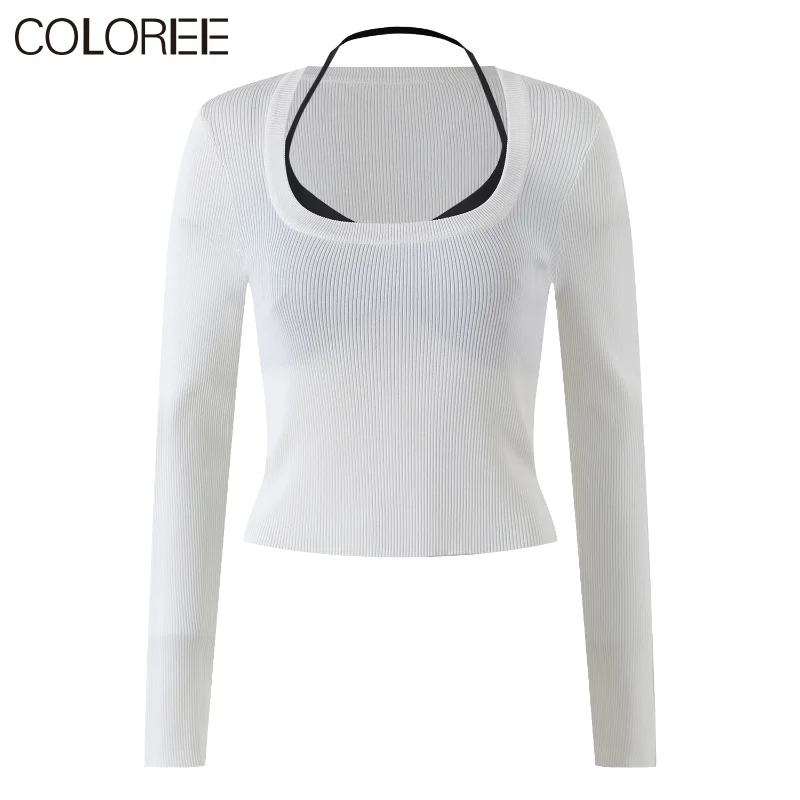 

White Black Knitted Pull Femme 2023 Spring Casual Long Sleeve Sweatshirts Elegant White Black Knitted Sweater Women