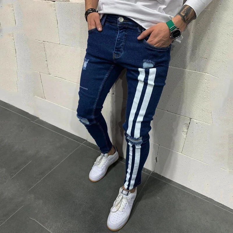 New European and American men's ripped elastic skinny jeans Trendy trousers for young students match fashion men's pants