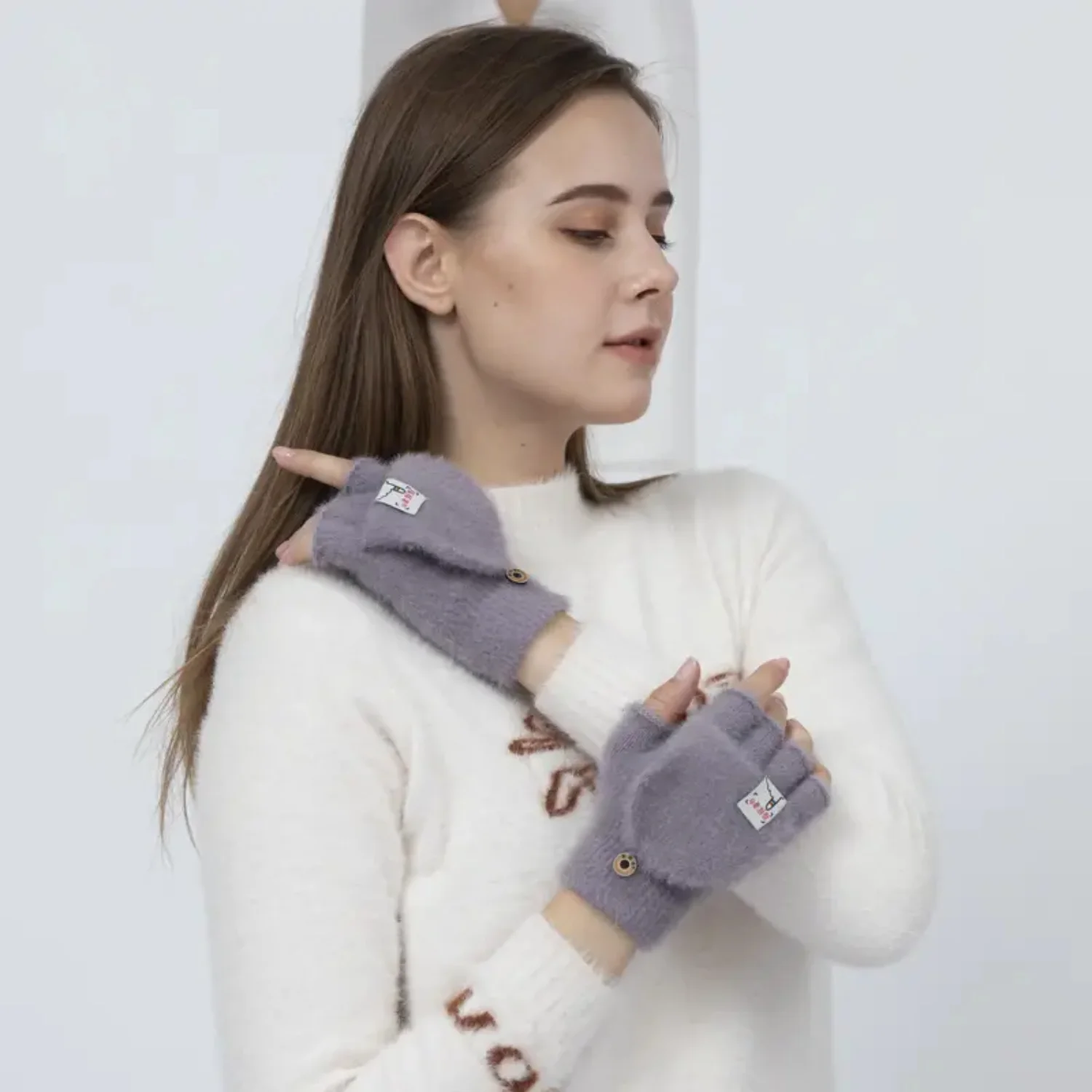 Перчатки зимние женские милые теплые и холодные полупальцы утолщенные кошачьи