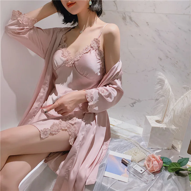 Women's Sleepwear 2 Pcs Sets Velvet Sleepwear Striped Robe Nightgown and Backless Sleep Dress Pajamas Set