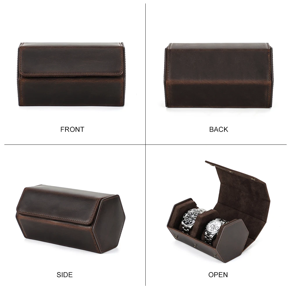 CONTACT'S FAMILY Rustic Leather 2-Slot Watch Case Box Luxury Pouch with Zipper Portable Organizer Bag Black Brown
