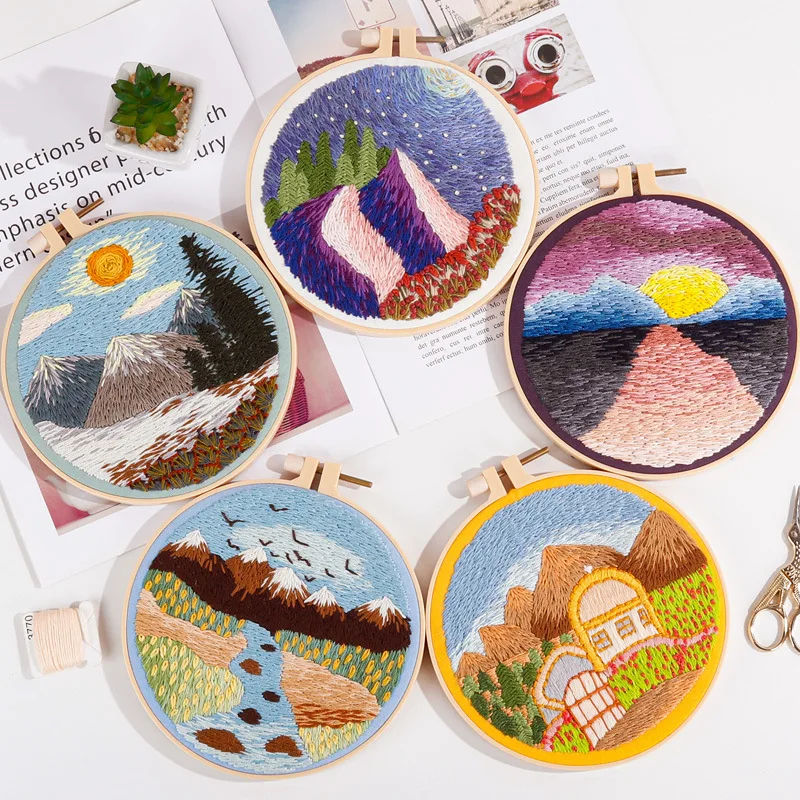 

Beautiful Scenery Embroidery Kit DIY Cloud with Snow Mountains Needlework for Beginner Cross Stitch Artcraft Without Hoop
