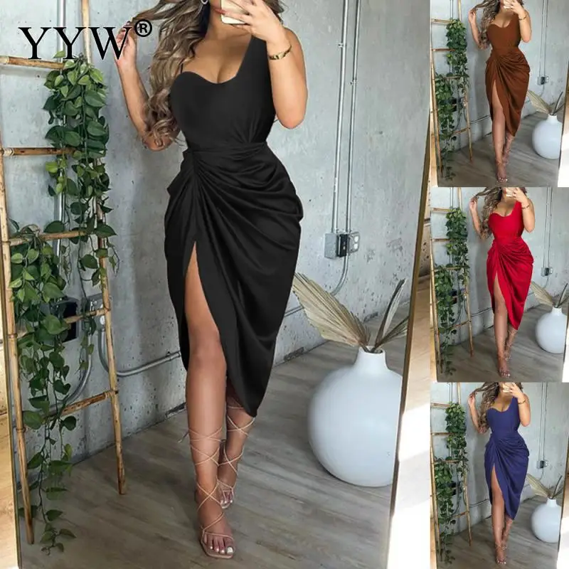 

Solid Color Sexy Slit Long Dress Smocked One Shoulder Evening Dress Women'S Polyester One-Piece Dresshot Style