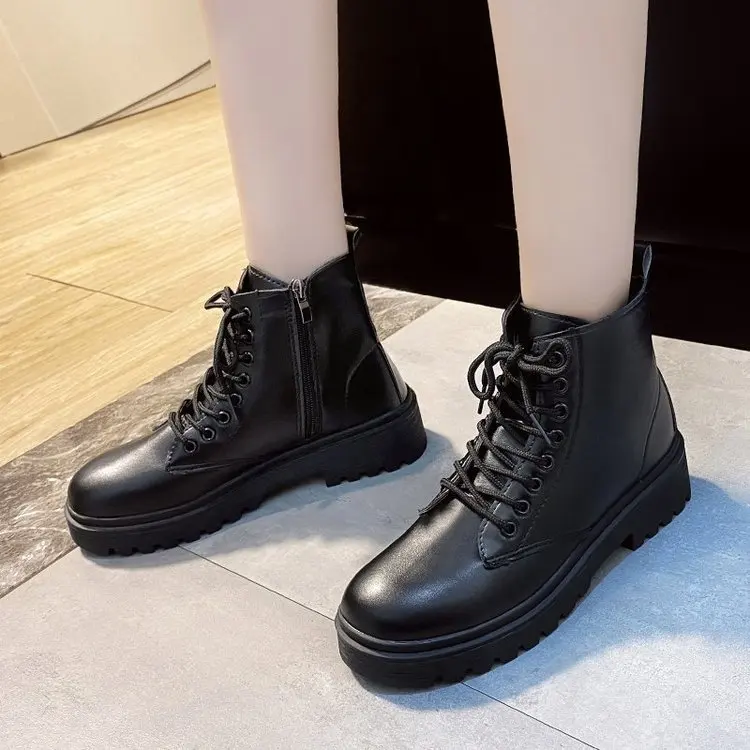 Plus Size 35-43 Women Leather Boots Side Zip Boots Modern Female Fleece Lining Motorcycle Shoes Winter Snow Footwear