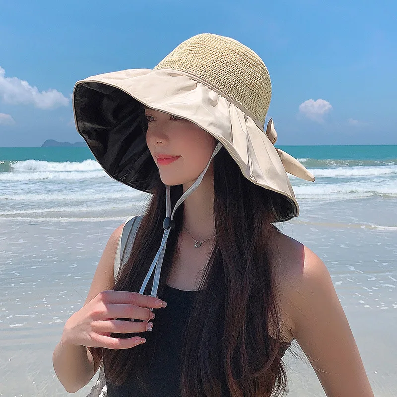 

Summer New Women Bucket Hat UV Protection Sun Hats Solid Color Soft Foldable Wide Brim Outdoor Beach Panama Cap Ponytail Caps