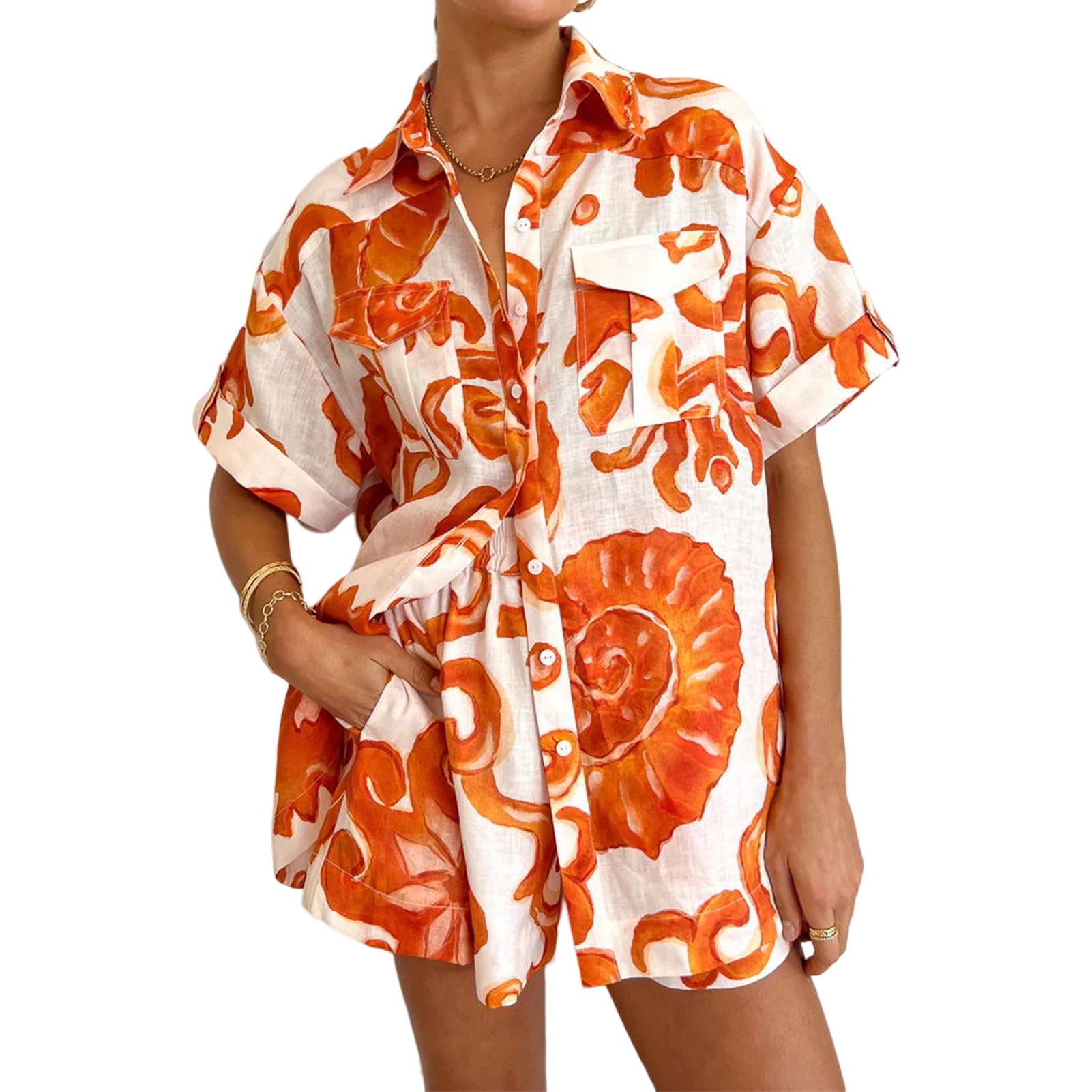 

Women Casual Shirt Top Shorts Elastic Waist Linen Orange Bouses Top Shorts Turn Down Collar Tie Up Single Breasted Daily Outfit