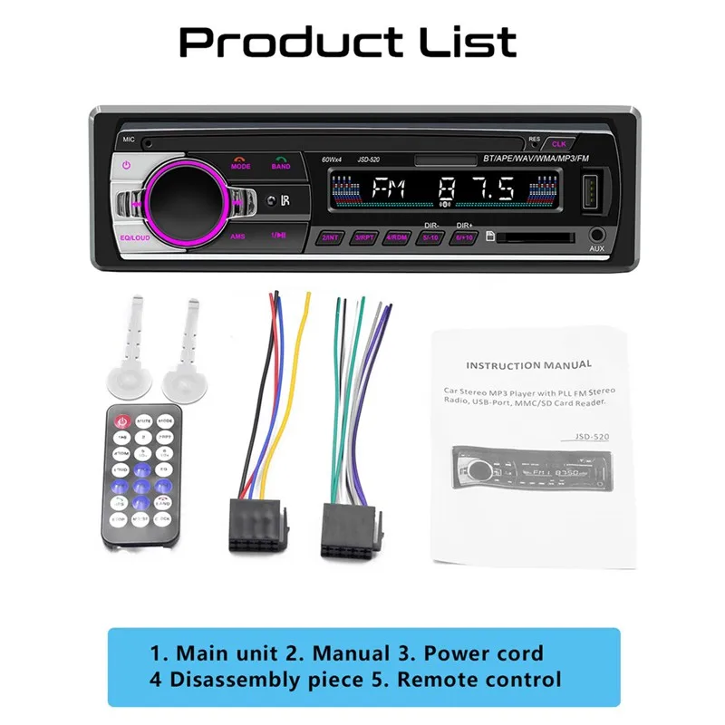 JSD-520 Car Radio 1 Din Bluetooth Autoradio MP3 Player Automotivo Remote Control Digital Audio Music 12V Stereo Receiver |