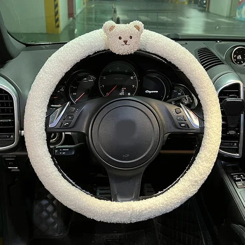 Универсальный чехол на руль автомобиля с мультяшным милым медведем, зимний теплый чехол из искусственного овечьего плюша, протектор автомобильного колеса, украшение для женщин и девочек