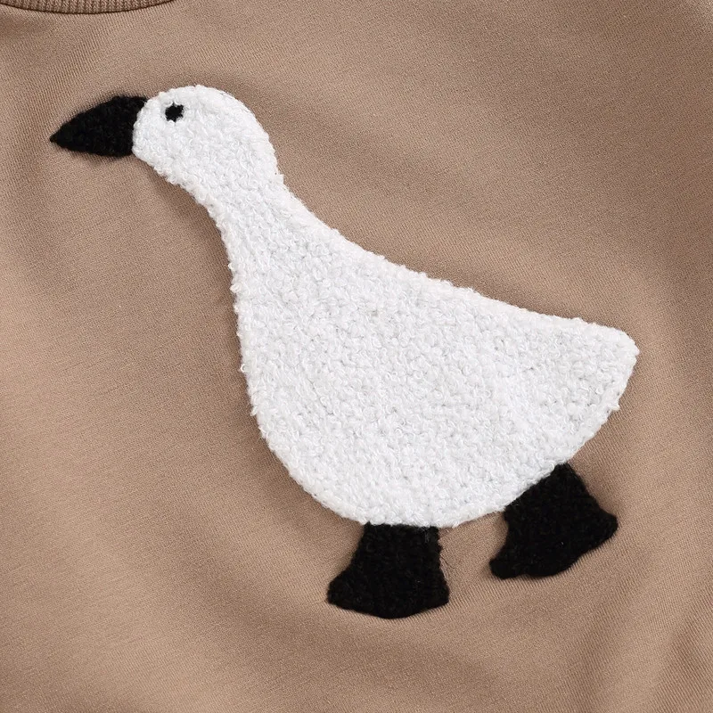 Комплект из пуловера с длинным рукавом и вышивкой гуся однотонных брюк