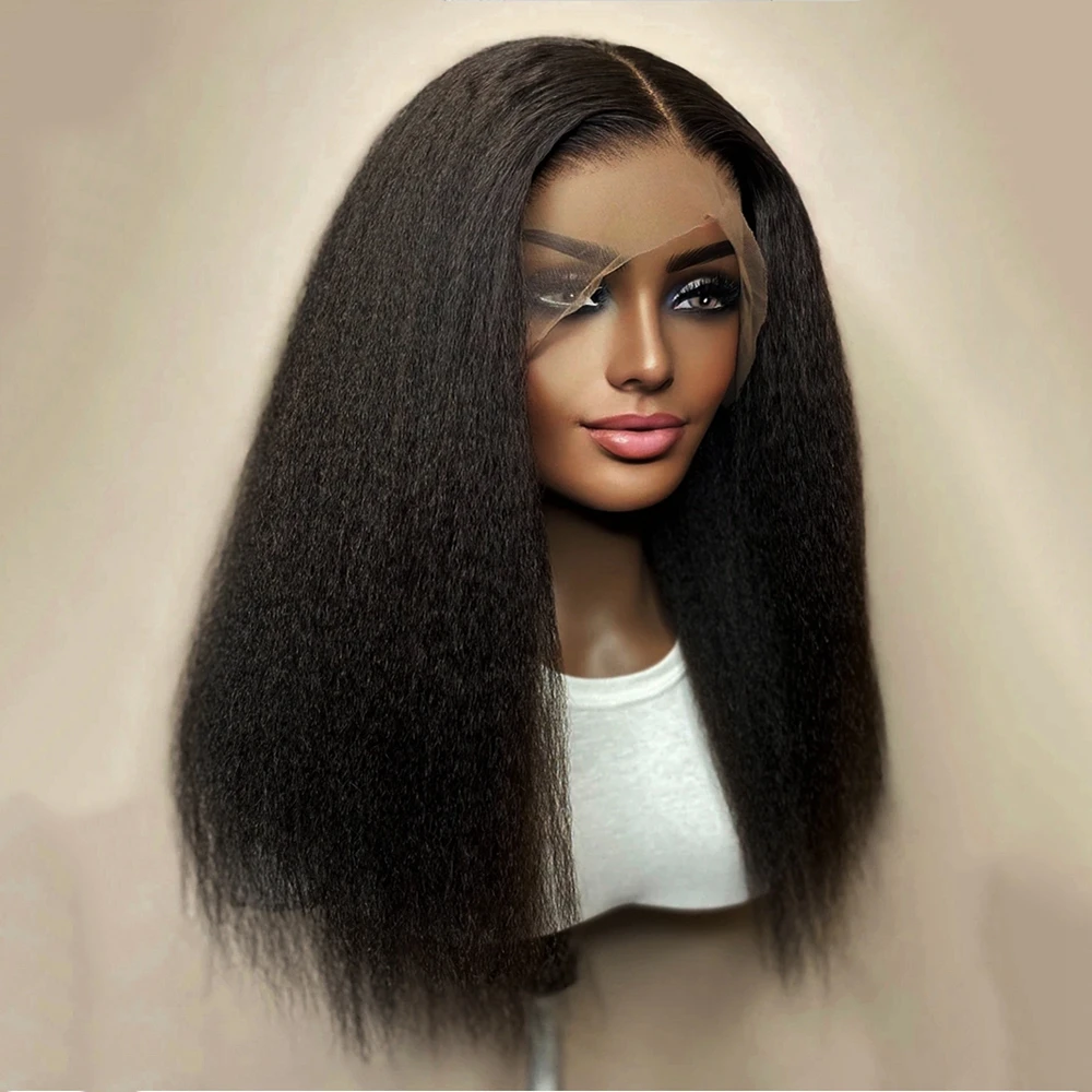 

200 Density Glueless Yaki Soft Long Kinky Straight 13X4 Lace Wig Natural Black Lace Front Fiber Wig Women Babyhair Preplucked