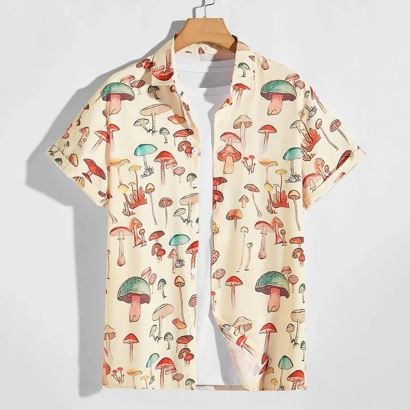 

Casual Shirts Colorful Shirt Lapel Button Рубашки Hawaiian Men Sleeve Mushroom Short Pattern Summer Up 2022 Print Element