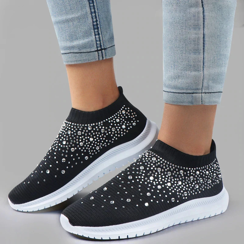 

Crystal Breathable Mesh Flats Women 2023 Spring Non Slip Black White Sneakers Woman Plus Size 43 Soft Sole Casual Shoes Woman