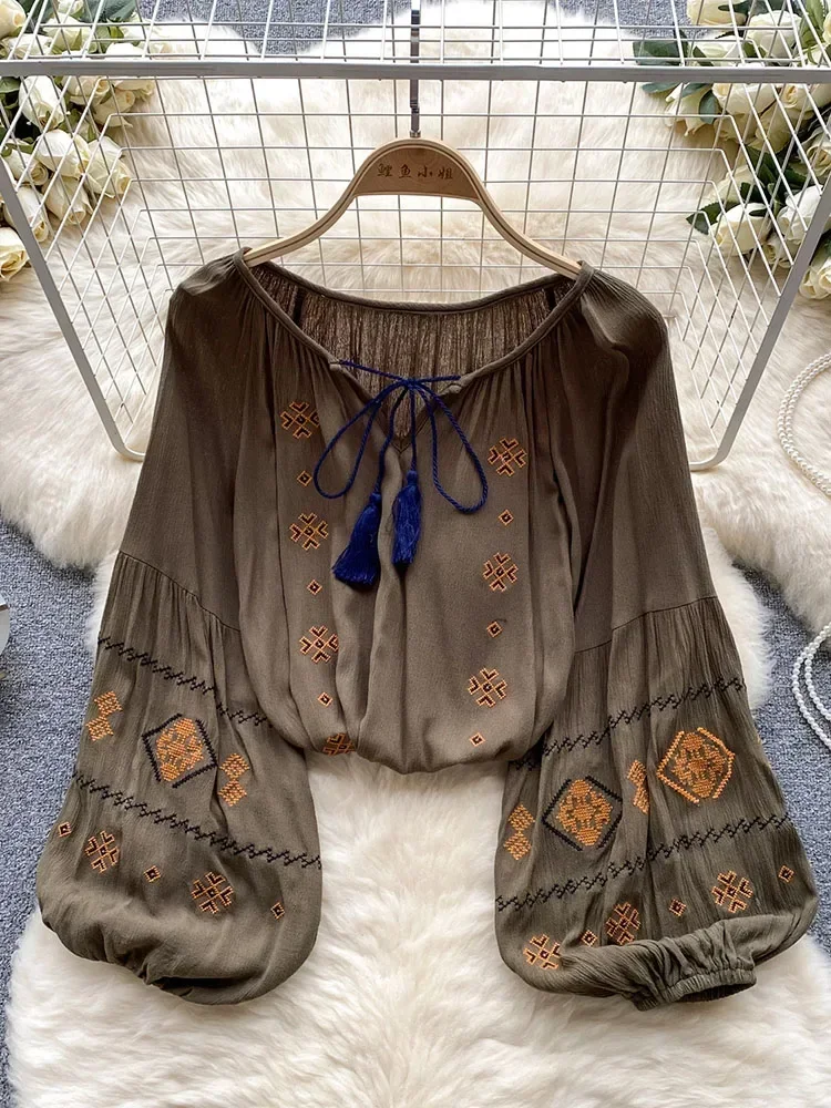 Kobiety Wiosna Jesień Bluzka Czas wolny Retro Etniczny Styl Bąbelkowy Koszula z Rękawami Paskiem Niszowy Top D5328