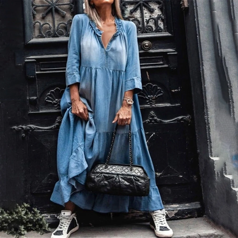 

Loose Women Solid Dress Vintage Tassel Plus Size Autumn Lace V Neck Large Hem Maxi Denim Streetwear Robes Vestidos