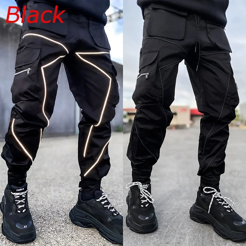 

Autumn Men Pants Multi-pockets Harem Overalls Reflective Stripe Cargo Pants All-Match Casual Fashion Sports Male Trousers