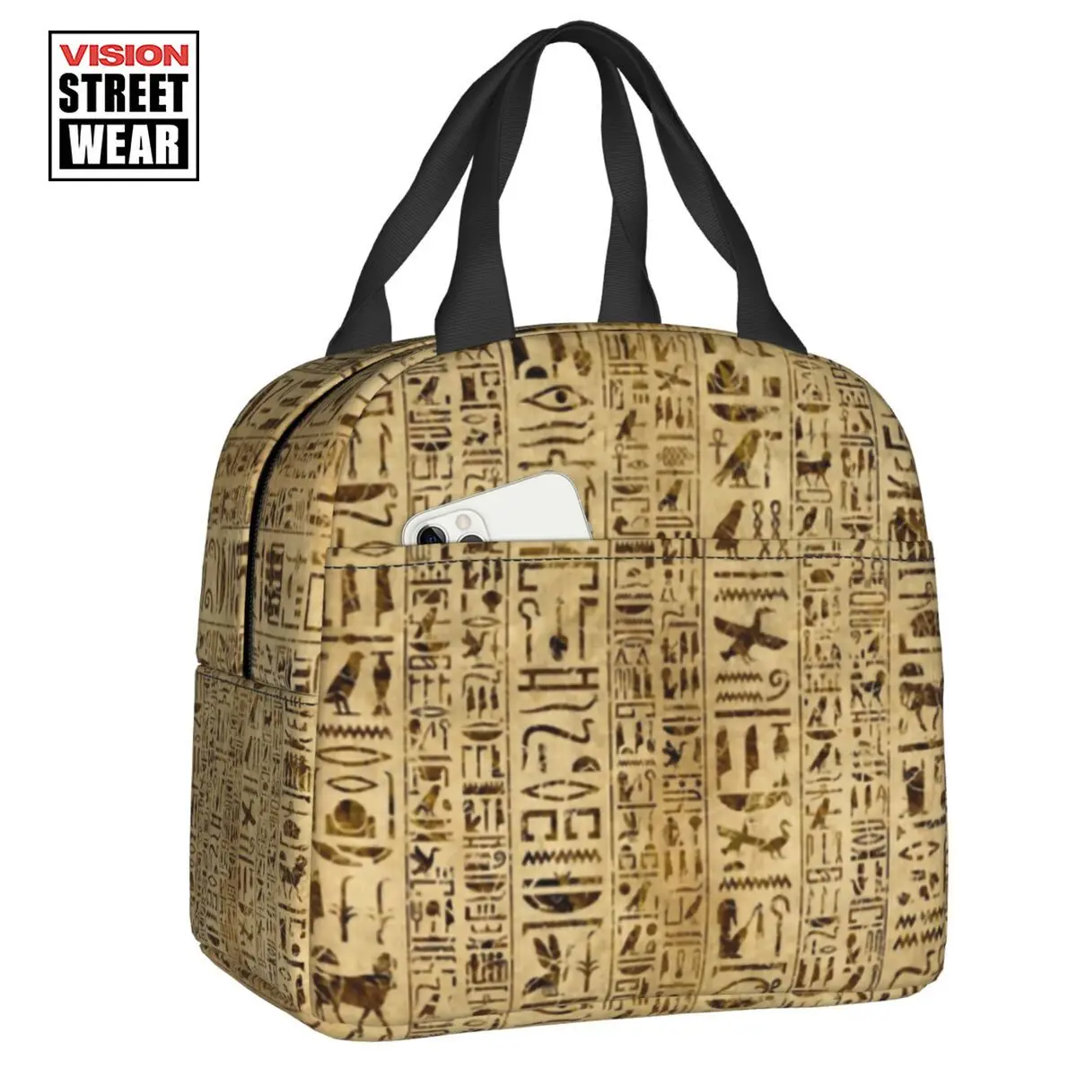 

Egyptian Hieroglyphs On Papyrus Insulated Lunch Bags For Camping Travel Ancient Egypt Portable Thermal Cooler Bento Box Women