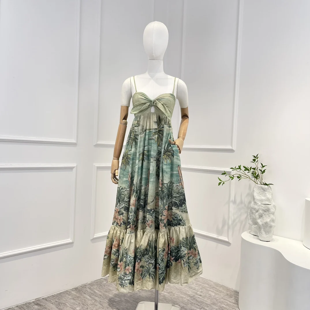

Cotton 2023 New Green Top Quality Beach Style Vintage Botanical Print Sleeveless Cascading Camisole Woman Midi Dress