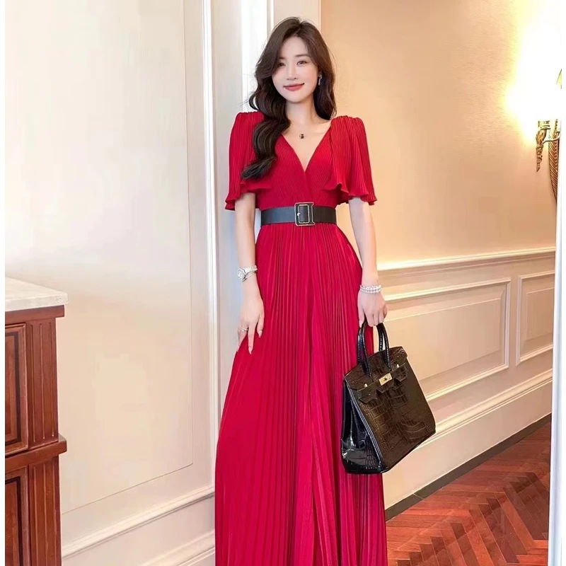 

SuperAen High-end Dress V Neck High Waist Slim Long Dress Summer A-LINE Ruffles Sleeve Party Dress