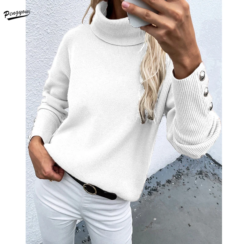 

Elegant Pullovers 2022 Spring Wear Women Knit Solid Top Ladies Casual Long Sleeve Buttons Pullover Streetwear Turtleneck Tops