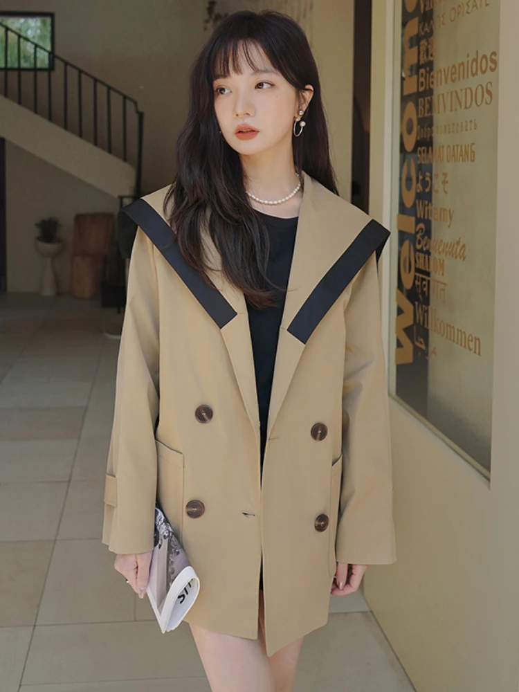 

2022 Spring New Double Breasted Sailor Collar Khaki Trench Coat Women French Style Elegant Loose Casual Windbreaker Jacket 6088