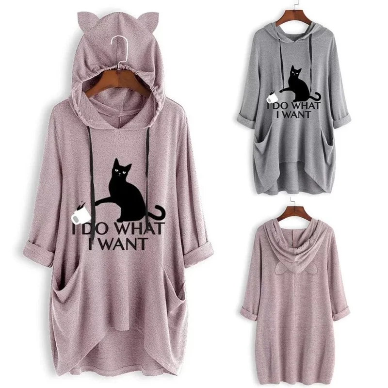 

T-shirt Ladies Print Cat Ear Headphones with Hood Long-sleeved T-shirt Irregular Pockets High Fashion New Style Graphic T Shirts