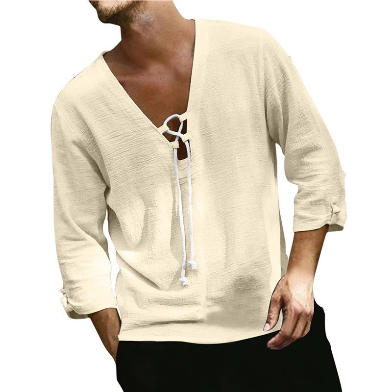 

Модная свободная Пляжная футболка, уличная одежда, Повседневный пуловер с кулиской и V-образным вырезом, топы, мужские летние однотонные руб...