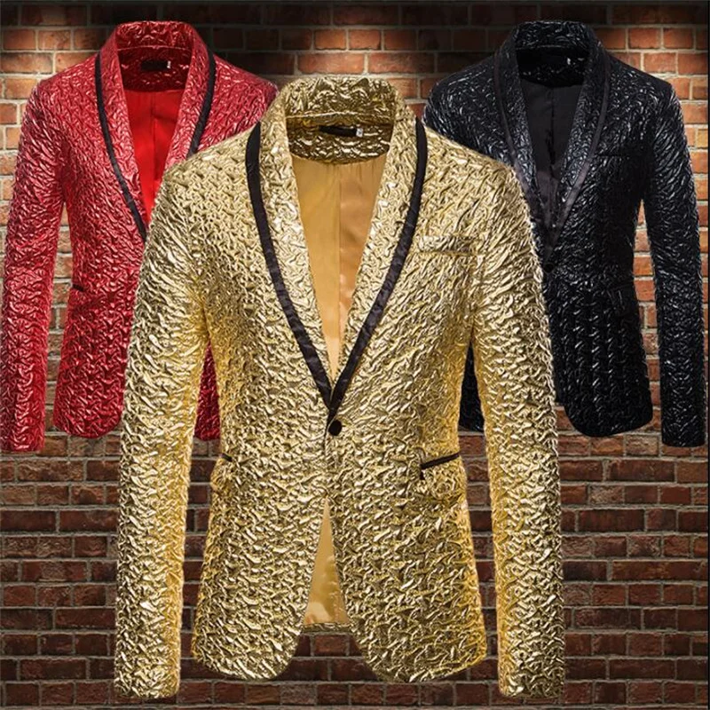 Gold glossy pleated jacquard blazer men suits designs jacket mens stage costumes for singers clothes dance star style dress b449