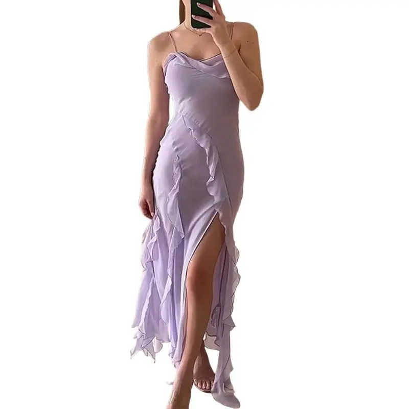 

Women Ruffles Tassels Backless Split Camisole Dress Summer Female Elegant Lace Up Club Dresses Ladies Beach Sundress Vestidos