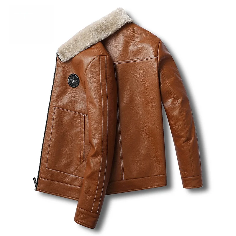 Кожаное пальто Дятел мужское кожаное с меховым воротником модная повседневная