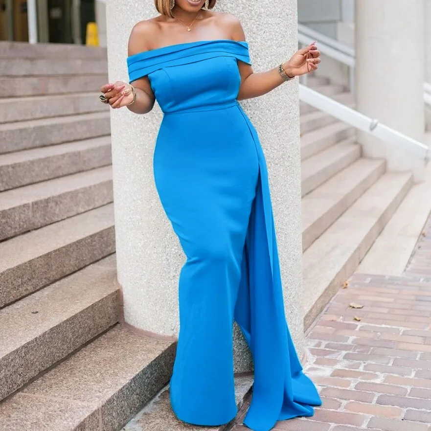 

2022 Sexy Blue Red Off Shoulder Bridesmaid Dress Tight Packet Hips Slash Neck High Split Wedding Prom Long Prom Backless Dresses