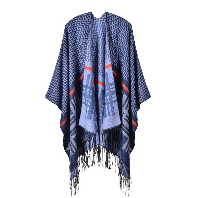 European American Street Women's Cross Wavy Geometric Shape Classic Cashmere Shawl Enlarged Thickened Cloak Ponchos Blue