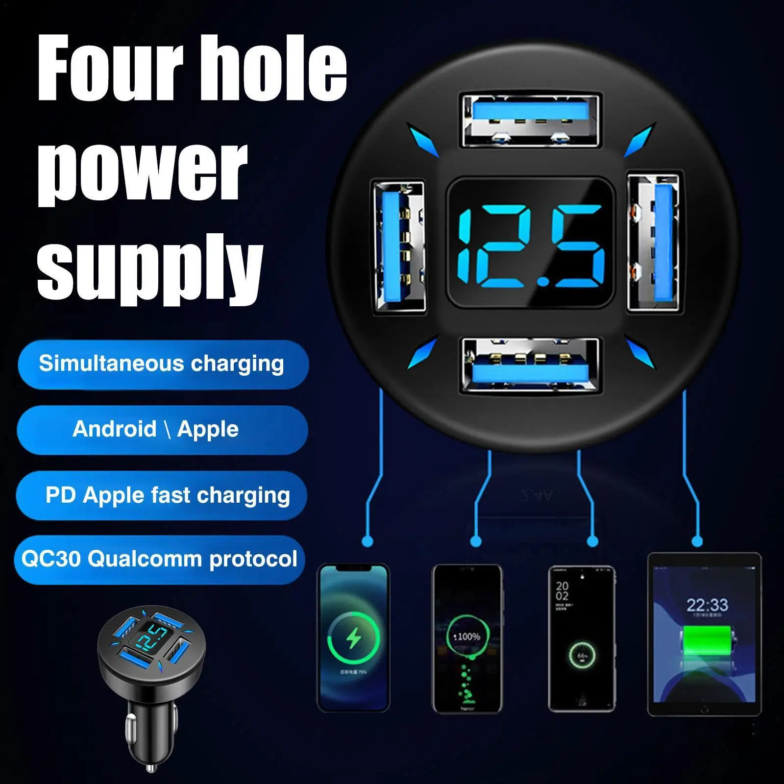 

Car Charger Charge Cigarette Lighter Adapter Digital Display Car Charger Fast Charge Smartphone Charging Head One Drag Four