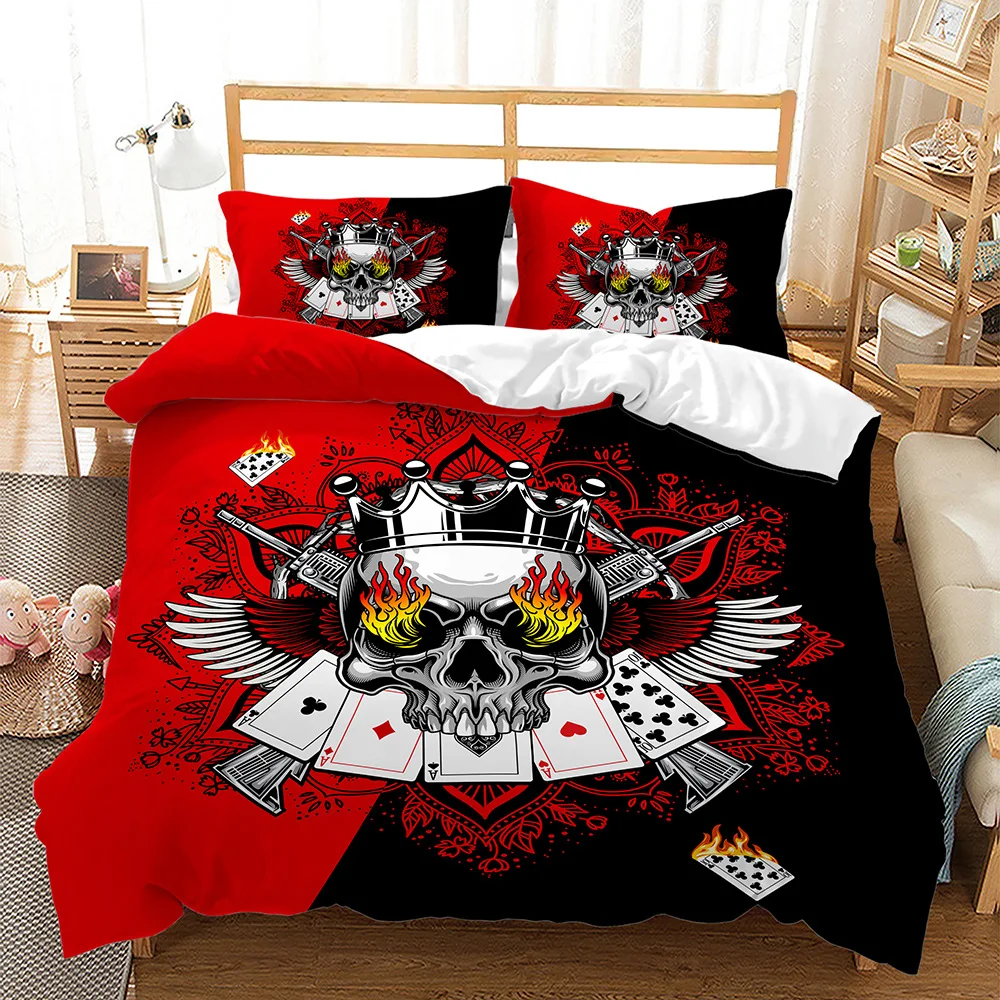 

Digital Print Bedding Set Black Quilt Cover Designer Flowers And Skull Bohemian Luxury Bedclothes Decor Home
