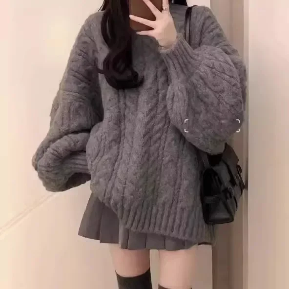 Женский модный серый зимний свитер свободного покроя с v-образным вырезом