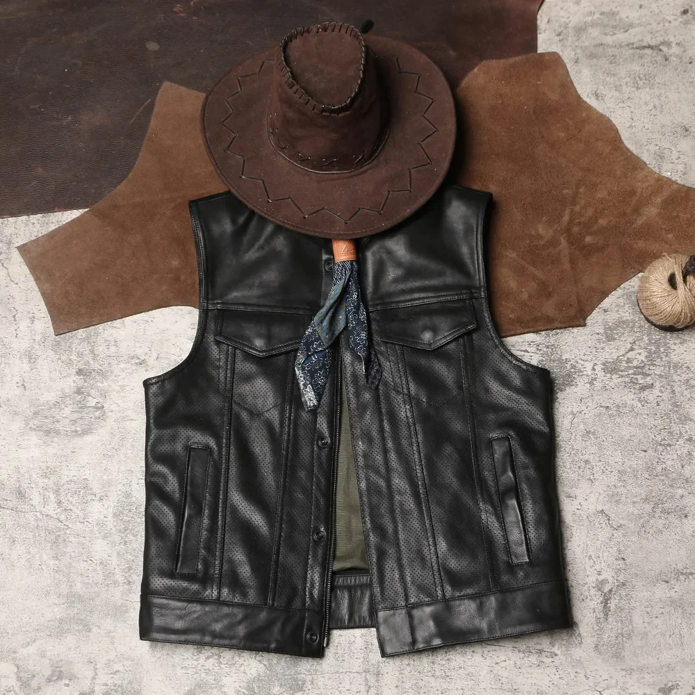 

DSV549 Asian Size Super Quality Tanned Veg Cow Leather Vintage Waistcoat Men's Stylish Mesh Biker Vest