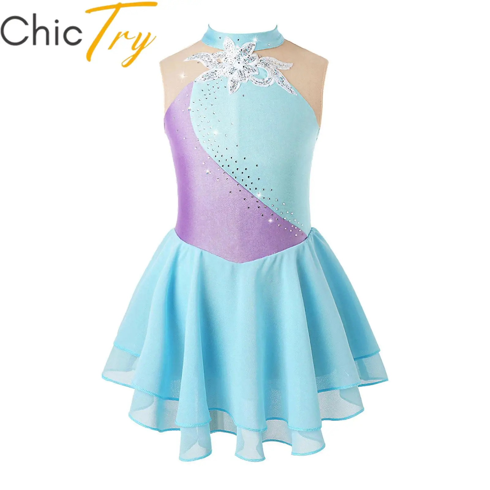 

Kids Girls Figure Skating Dress Rhinestone Sequins Ballerina Costumes Sleeveless Gymnastics Workout Leotard Ballet Dance Dress
