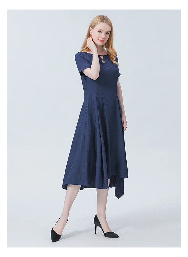 

Silk Jacquard Round Neck Blue Beaded Pullover Fold Invisible Side Pull Printing Process Summer Women's Dress 2022 AE1010